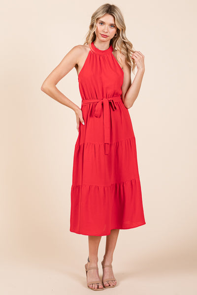 Halter Neck Belted Tiered Ruffle Midi Dress