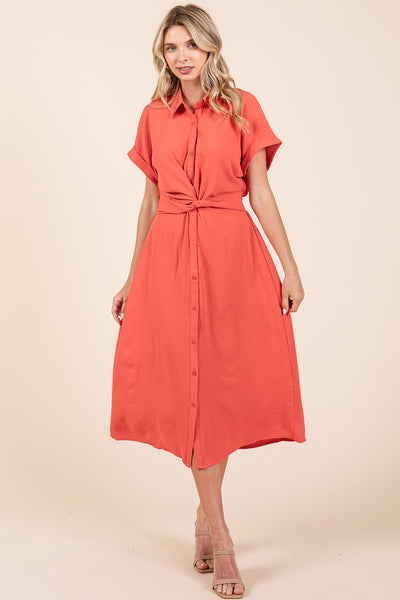 Twist Front Smocked Button Down Midi Shirt Dress