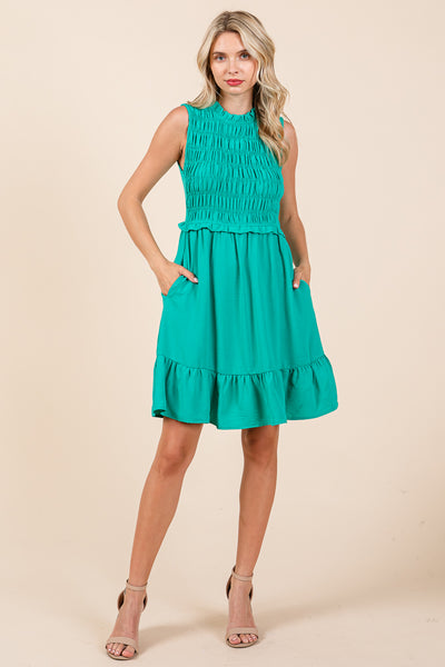 Sleeveless Smocked Ruffle Hem Shirred Mini Dress