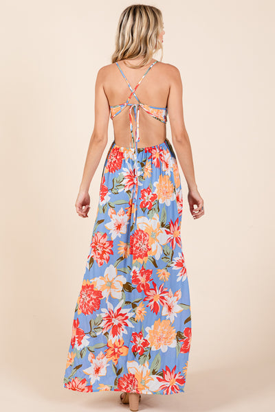 Flower Print Open Back Split Front Maxi Dress