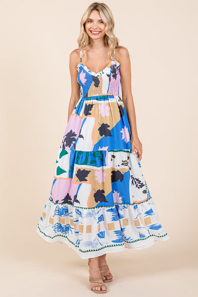 Smocked Graffiti Print Boho Cami Maxi Dress