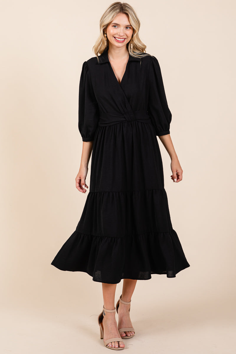 Collared V Neck Knotted Smock Waist Tiered Dress – RolyPoly Apparel