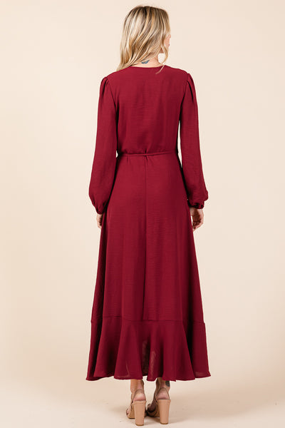 Ruffle Hem High Low Long Sleeve Wrap Maxi Dress