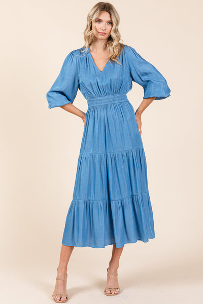 Tiered V Neck Chambray Pleated Midi Dress