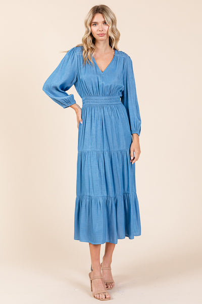 Tiered V Neck Chambray Pleated Midi Dress