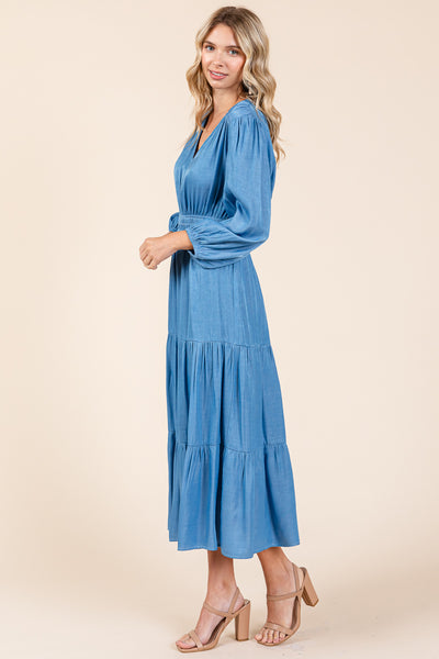 Tiered V Neck Chambray Pleated Midi Dress