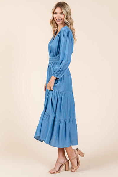 Tiered V Neck Chambray Pleated Midi Dress