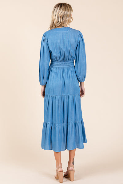 Tiered V Neck Chambray Pleated Midi Dress