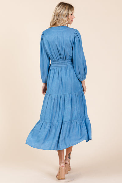 Tiered V Neck Chambray Pleated Midi Dress