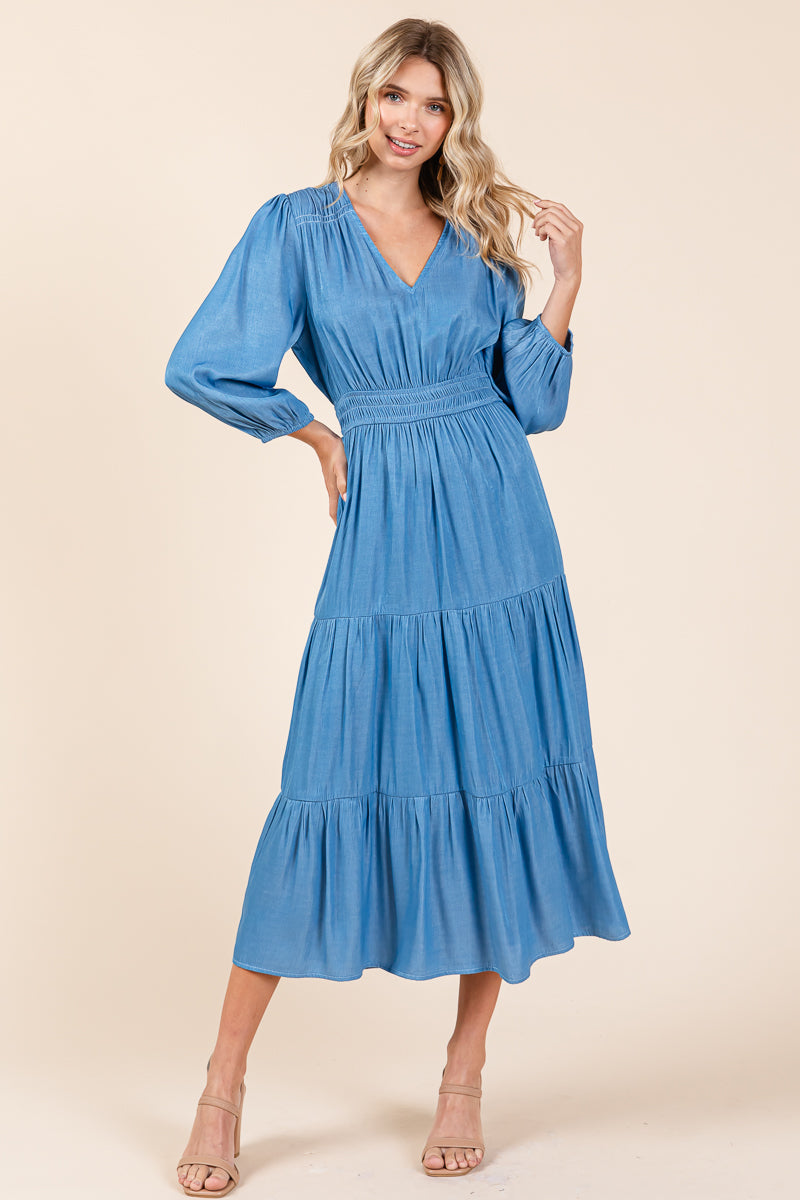 Tiered V Neck Chambray Pleated Midi Dress
