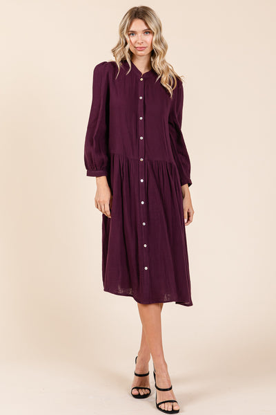 Dobule Gauze Tiered Long Sleeve Midi Shirtdress