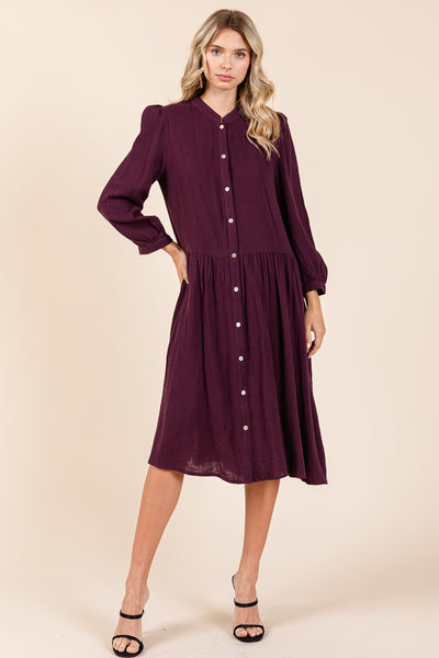 Dobule Gauze Tiered Long Sleeve Midi Shirtdress