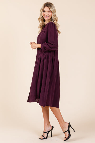 Dobule Gauze Tiered Long Sleeve Midi Shirtdress