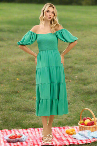 Willow Smocked Puff Sleeve Tiered Midi Dress