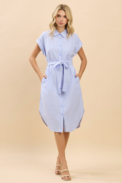 Cap Sleeve Striped Shirt Midi Dress with Waist Tie
