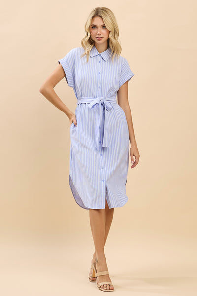 Cap Sleeve Striped Shirt Midi Dress with Waist Tie