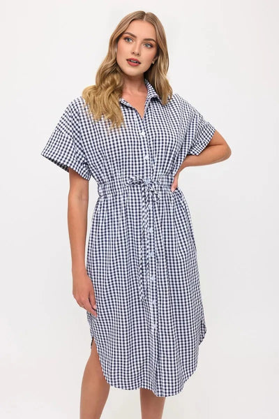 Drawstring Waist Gingham Button Down Shirt Dress