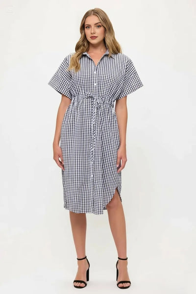 Drawstring Waist Gingham Button Down Shirt Dress