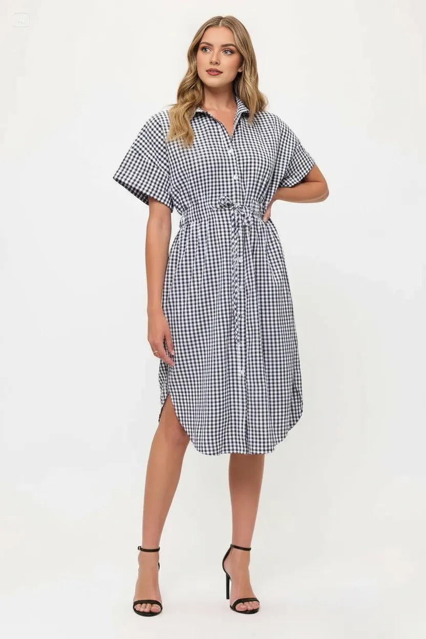 Drawstring Waist Gingham Button Down Shirt Dress
