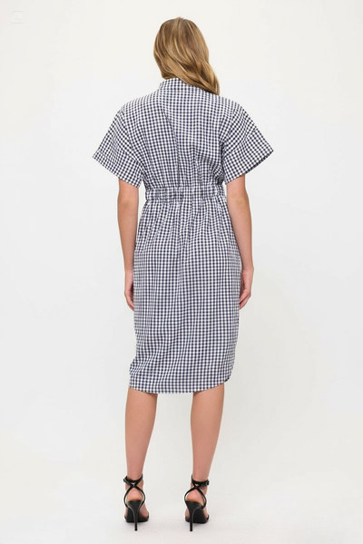 Drawstring Waist Gingham Button Down Shirt Dress