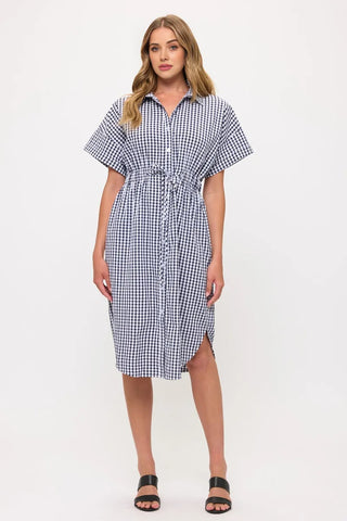 Drawstring Waist Gingham Button Down Shirt Dress