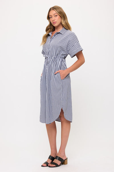 Drawstring Waist Gingham Button Down Shirt Dress