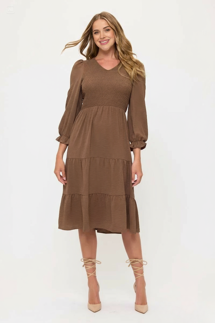 Smocked Tiered Midi Dress with Puff Sleeves