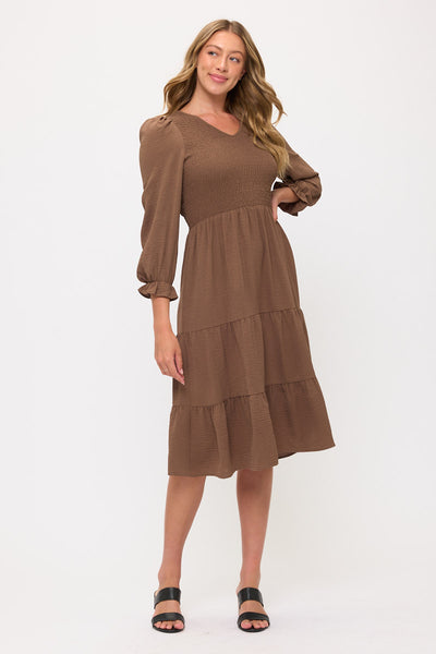 Smocked Tiered Midi Dress with Puff Sleeves