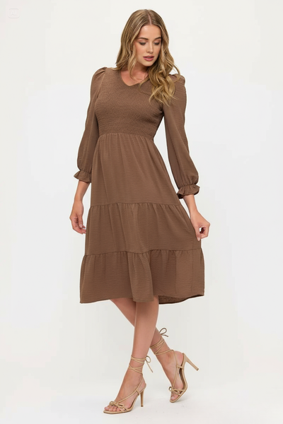 Smocked Tiered Midi Dress with Puff Sleeves