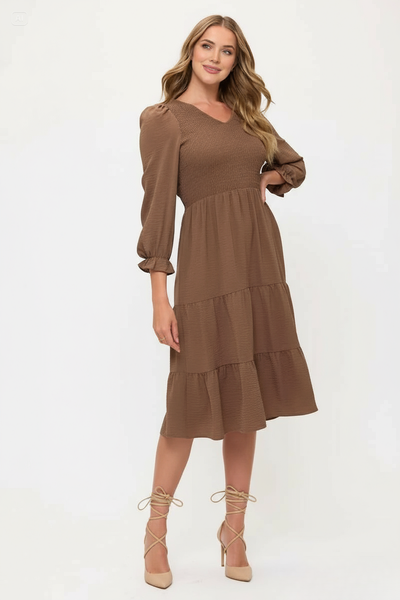 Smocked Tiered Midi Dress with Puff Sleeves