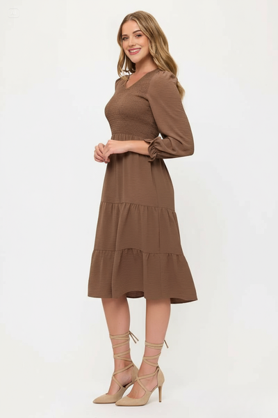 Smocked Tiered Midi Dress with Puff Sleeves