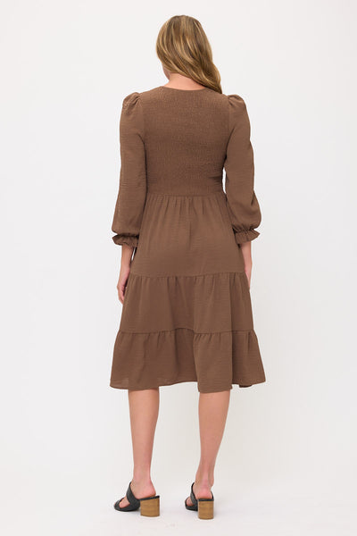 Smocked Tiered Midi Dress with Puff Sleeves