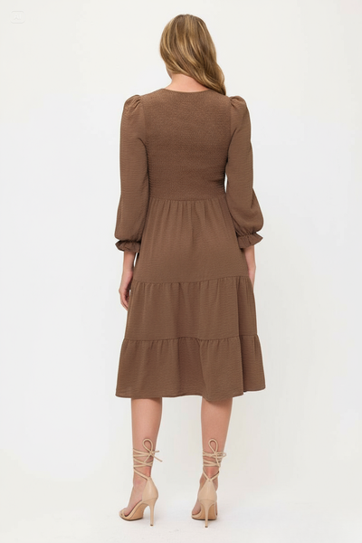 Smocked Tiered Midi Dress with Puff Sleeves
