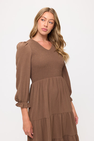 Smocked Tiered Midi Dress with Puff Sleeves