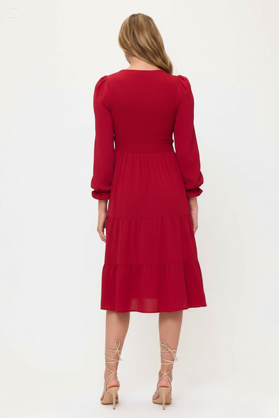 Smocked Tiered Midi Dress with Puff Sleeves