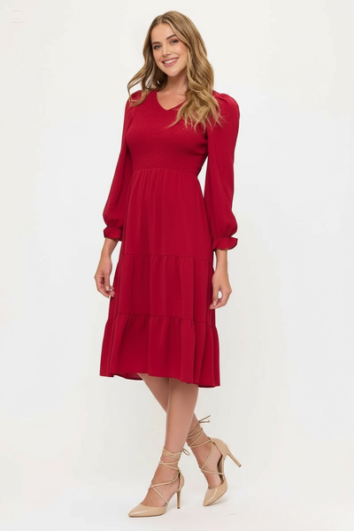 Smocked Tiered Midi Dress with Puff Sleeves