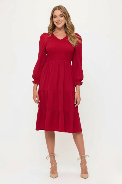 Smocked Tiered Midi Dress with Puff Sleeves