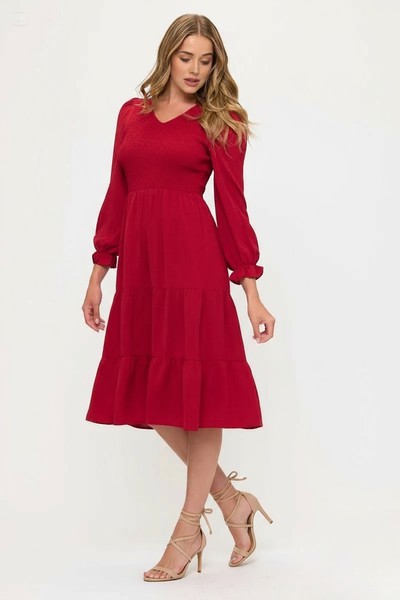 Smocked Tiered Midi Dress with Puff Sleeves