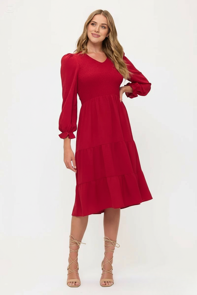 Smocked Tiered Midi Dress with Puff Sleeves