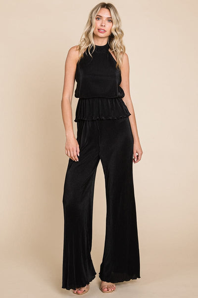 Pleated Backless Halter Tank & Wide Leg Pants Sets