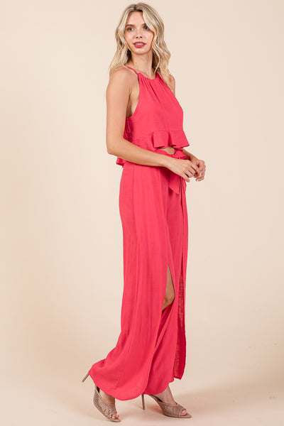 Linen Crop Top and Wide Slit Pants Two Piece Sets