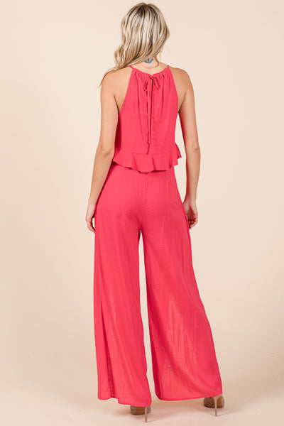 Linen Crop Top and Wide Slit Pants Two Piece Sets