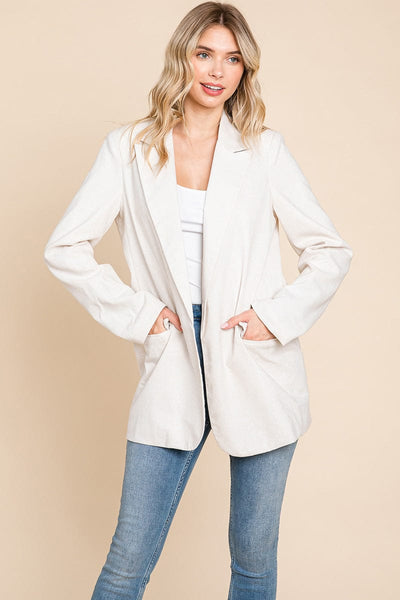 Lapel Neck Solid Pocket Long Sleeve Linen Blazer