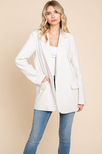 Lapel Neck Solid Pocket Long Sleeve Linen Blazer