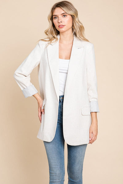 Lapel Neck Solid Pocket Long Sleeve Linen Blazer