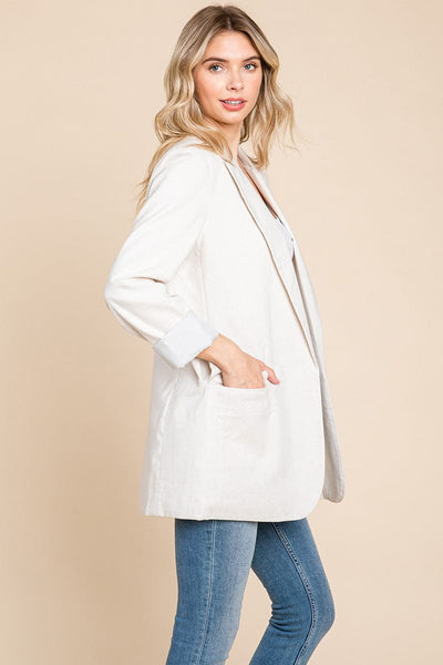 Lapel Neck Solid Pocket Long Sleeve Linen Blazer