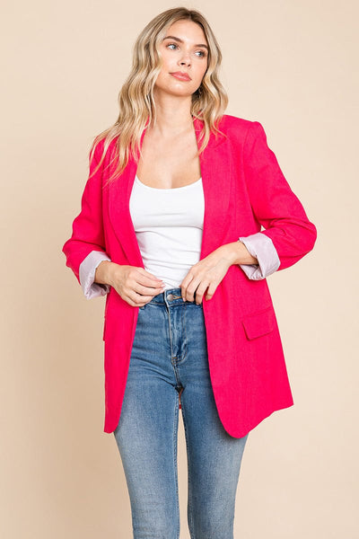 Lapel Neck Solid Pocket Long Sleeve Linen Blazer