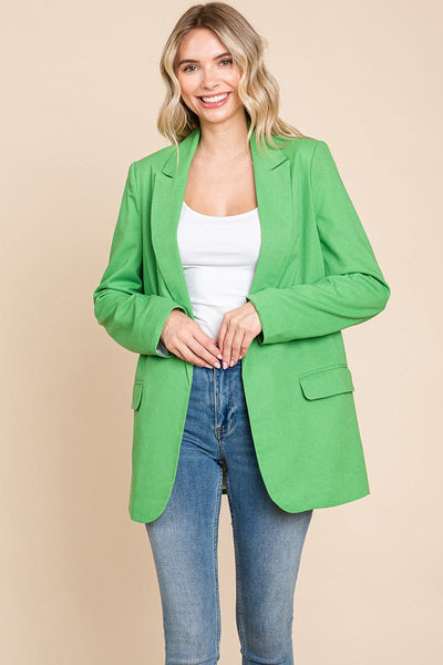 Lapel Neck Solid Pocket Long Sleeve Linen Blazer