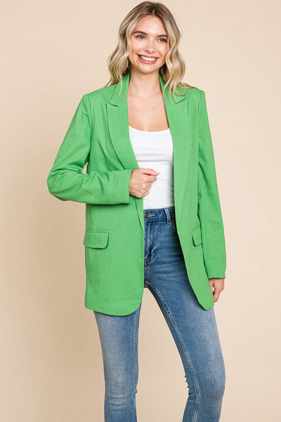 Lapel Neck Solid Pocket Long Sleeve Linen Blazer