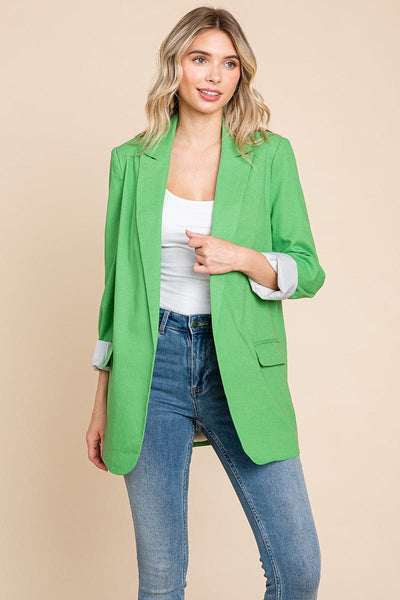 Lapel Neck Solid Pocket Long Sleeve Linen Blazer